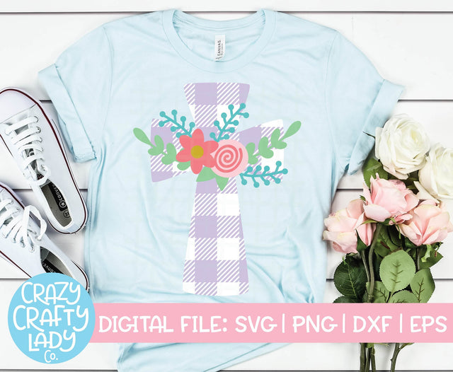 Floral Gingham Cross | Plaid Christian Easter SVG Cut File SVG Crazy Crafty Lady Co. 