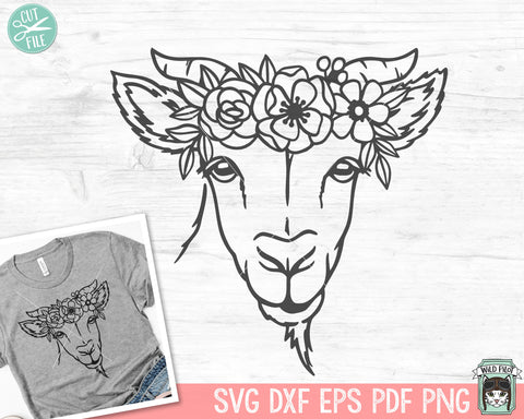 Floral Goat SVG file, Goat with Flower Crown SVG, Goat cut file, Animal Face svg, Floral Crown svg, Farm Animals svg, I love goats shirt svg file SVG Wild Pilot 