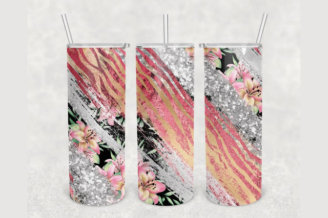 Floral Gold Glitter Brush Tumbler sublimation design 20 oz skinny tumbler wrap Sublimation BambinaCreations 