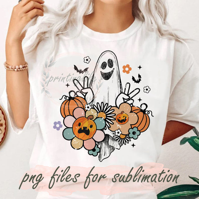 Floral Halloween Ghost PNG, Retro Sublimation, Groovy Halloween Shirt PNG Design, cute ghost png transfer, Spooky Season, Boho Halloween png Sublimation PrintingLife 