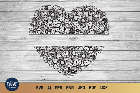 Floral Heart SVG Monogram, Heart SVG Split Monogram, Split Monogram with Flowers. SVG Elinorka 