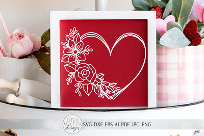 Floral Heart Wreath SVG | Valentine's Day Heart Wreath SVG | Farmhouse Sign | dxf and more! | Printable SVG Diva Watts Designs 