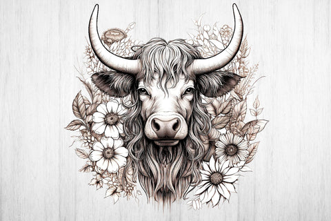 Floral Highland Cow Sublimation. Higland Floral Png Cow. Sublimation Samaha Design 