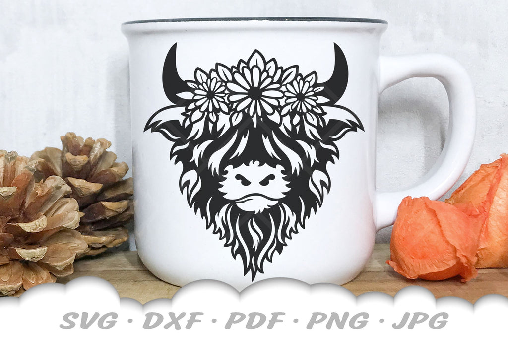 Floral Highland Cow SVG | Cow Head SVG | Cow With Flowers SVG - So Fontsy