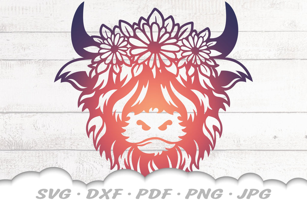 Floral Highland Cow SVG | Cow Head SVG | Cow With Flowers SVG - So Fontsy