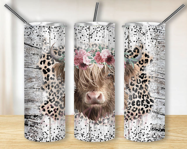 Floral Highland Cow Tumbler PNG, Highland Cow Tumbler Sublimation Designs, Highland Cow Tumbler Wrap Png Sublimation BouDesign 