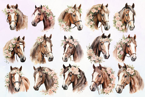 Floral Horse Clipart Bundle, 15 Transparent PNG Images Sublimation BijouBay 