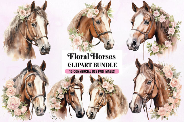 Floral Horse Clipart Bundle, 15 Transparent PNG Images Sublimation BijouBay 