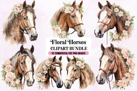 Floral Horse Clipart Bundle, 15 Transparent PNG Images Sublimation BijouBay 