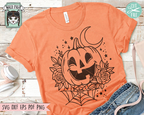 Floral Jack o Lantern SVG file, Flower Pumpkin svg, Floral Pumpkin cut file, Spider Web Moon svg, Fall svg, Autumn svg, Halloween svg, Jack o Lantern png SVG Wild Pilot 