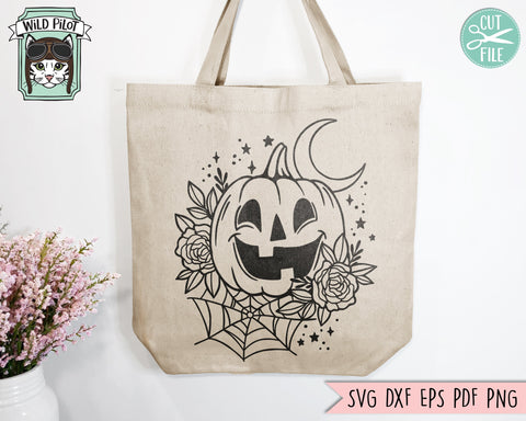 Floral Jack o Lantern SVG file, Flower Pumpkin svg, Floral Pumpkin cut file, Spider Web Moon svg, Fall svg, Autumn svg, Halloween svg, Jack o Lantern png SVG Wild Pilot 