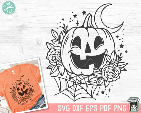 Floral Jack o Lantern SVG file, Flower Pumpkin svg, Floral Pumpkin cut file, Spider Web Moon svg, Fall svg, Autumn svg, Halloween svg, Jack o Lantern png SVG Wild Pilot 
