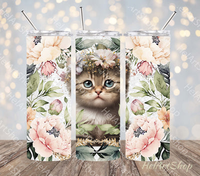 Floral Kitten Tumbler PNG, Cute Cat SKINNY TUMBLER 20 Oz PNG Sublimation _HelArtShop_ 