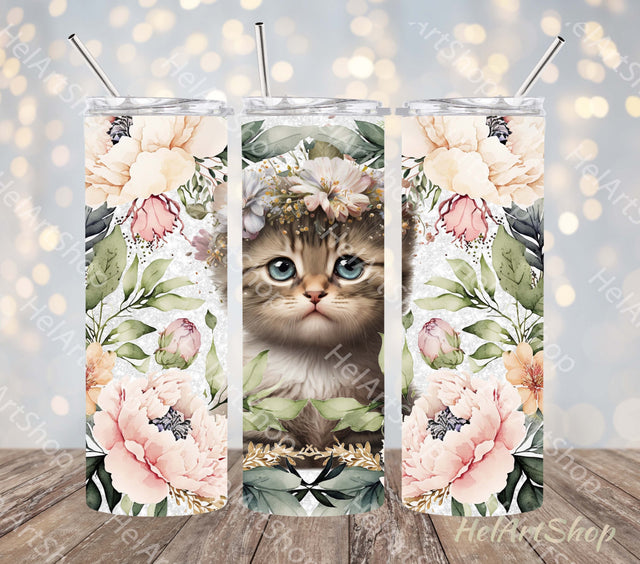 Floral Kitten Tumbler PNG, Cute Cat SKINNY TUMBLER 20 Oz PNG Sublimation _HelArtShop_ 