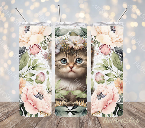 Floral Kitten Tumbler PNG, Cute Cat SKINNY TUMBLER 20 Oz PNG Sublimation _HelArtShop_ 
