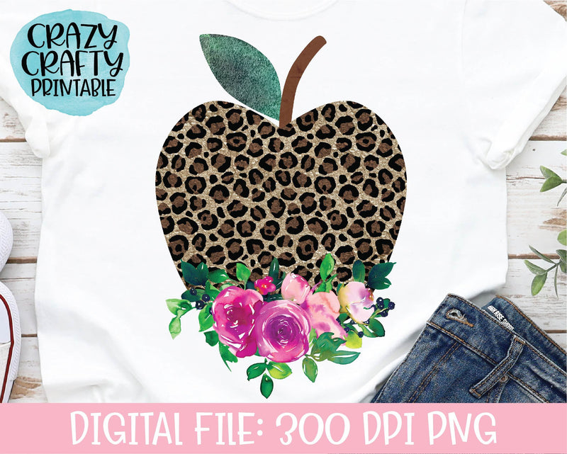 Floral Leopard Print Apple | Teacher | School PNG Printable Sublimation File Sublimation Crazy Crafty Lady Co. 