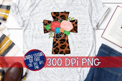 Floral Leopard Print Cross PNG for Sublimation-Easter PNG Sublimation Greedy Stitches 