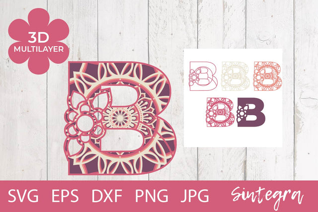 Floral Letter B Mandala 3D Multilayer SVG Cut File Free For Commercial Use 3D Paper Sintegra 