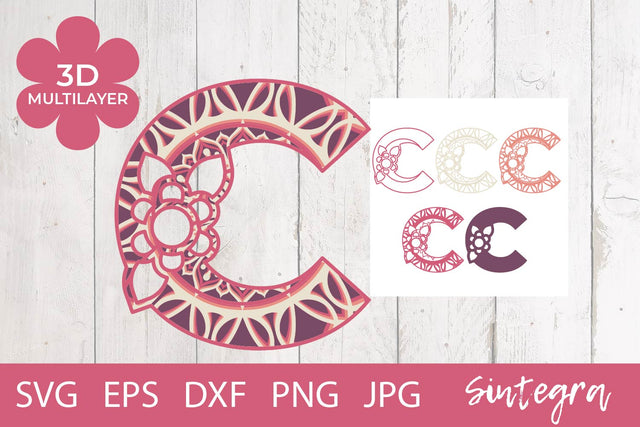 Floral Letter C Mandala 3D Multilayer SVG Cut File Free For Commercial Use 3D Paper Sintegra 