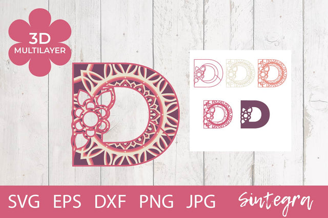 Floral Letter D Mandala 3D Multilayer SVG Cut File Free For Commercial Use 3D Paper Sintegra 