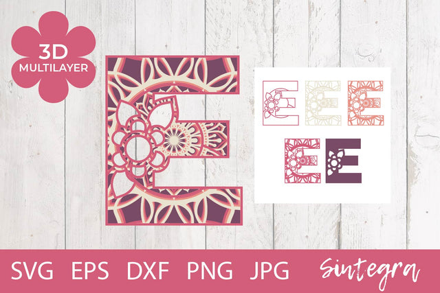 Floral Letter E Mandala 3D Multilayer SVG Cut File Free For Commercial Use 3D Paper Sintegra 