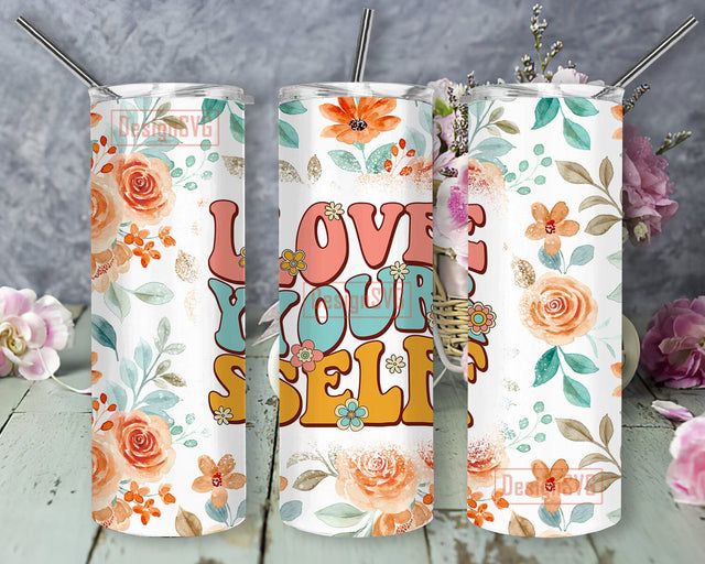 Floral Love Yourself 20oz Skinny Tumbler Png, Mother's Day Png, Boho Flower Png, Motivational, Pastel Watercolor Flowers, Self Love Tumbler Sublimation DesignSVG 