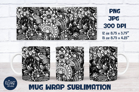 Floral Mandala Mug Sublimation, Full Mug Wrap Sublimation, Mug Sublimation with Flowers Sublimation Elinorka 