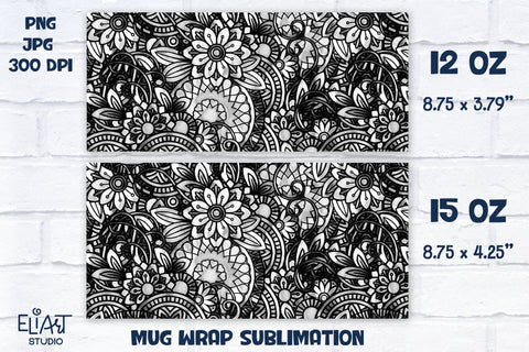 Floral Mandala Mug Sublimation, Full Mug Wrap Sublimation, Mug Sublimation with Flowers Sublimation Elinorka 
