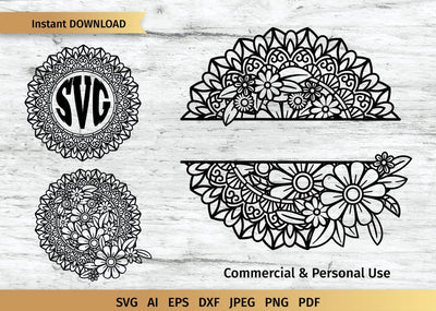 Floral Mandala, Split Mandala, Circle Floral Frame, 3 Designs. SVG Elinorka 