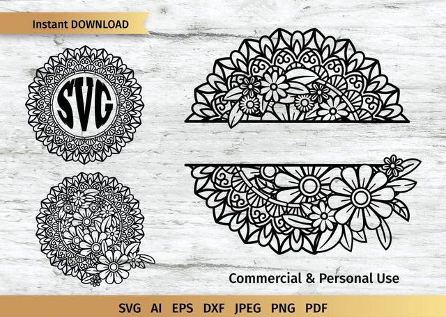 Floral Mandala, Split Mandala, Circle Floral Frame, 3 Designs. SVG Elinorka 