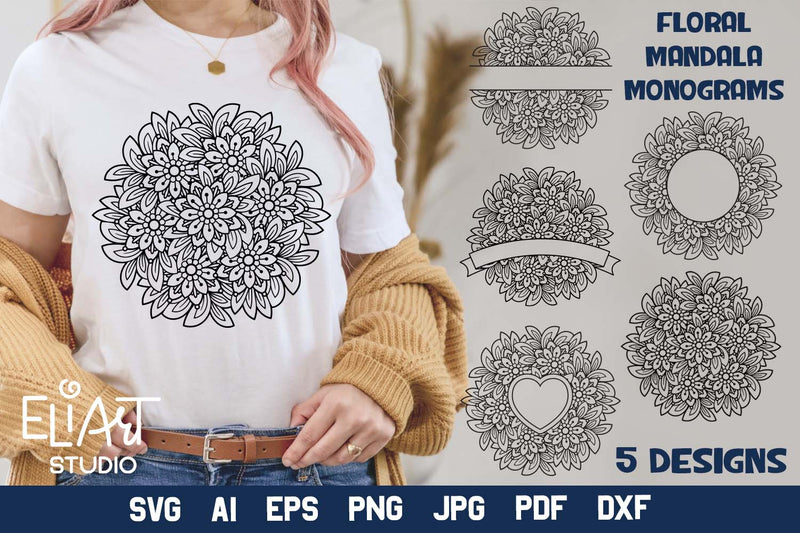 Floral Mandala SVG, Circle Monogram SVG, Split Monogram Flower Design. SVG Elinorka 