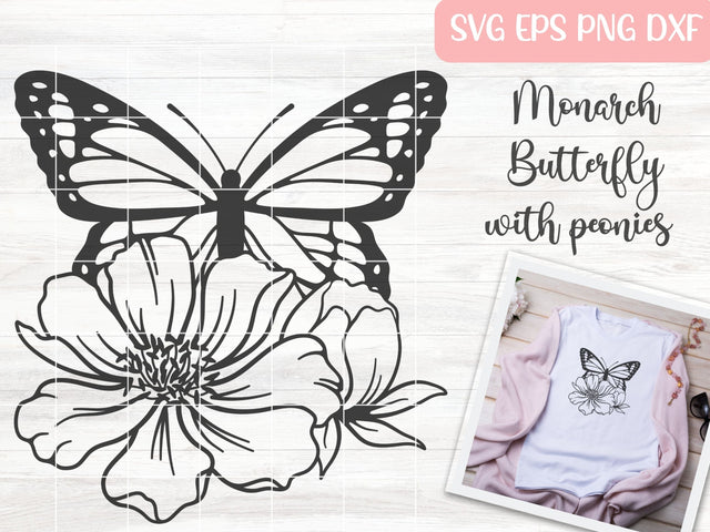 Floral Monarch Butterfly SVG Cut File, Butterfly with Peony Flowers Digital Download SVG Apple Grove Designs 
