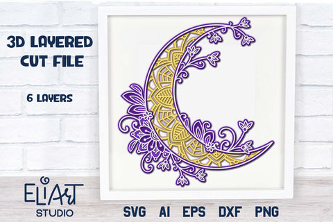 Floral Moon SVG, 3D Layered Moon SVG, Crescent Moon SVG Cut File. SVG Elinorka 