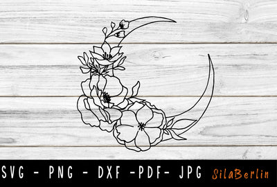 Floral Moon SVG, Flowers, Floral decoration, Half moon, Night Moon png, Sunflower SVG, Wildflower svg, Flower svg, Svg cricut and silhouette SVG SilaBerlin 