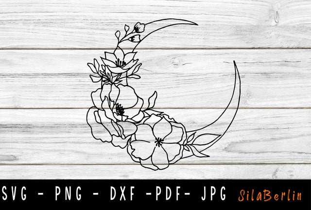 Floral Moon SVG, Flowers, Floral decoration, Half moon, Night Moon png, Sunflower SVG, Wildflower svg, Flower svg, Svg cricut and silhouette SVG SilaBerlin 