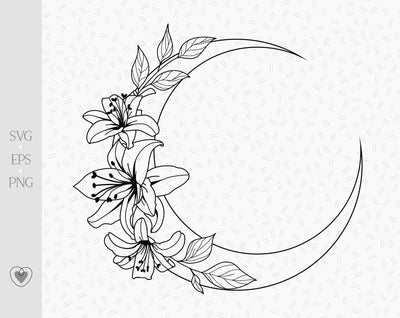 Floral moon svg, lily flower, celestial svg, crescent moon svg, png file SVG Pretty Meerkat 