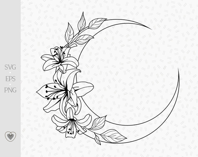 Floral moon svg, lily flower, celestial svg, crescent moon svg, png file SVG Pretty Meerkat 