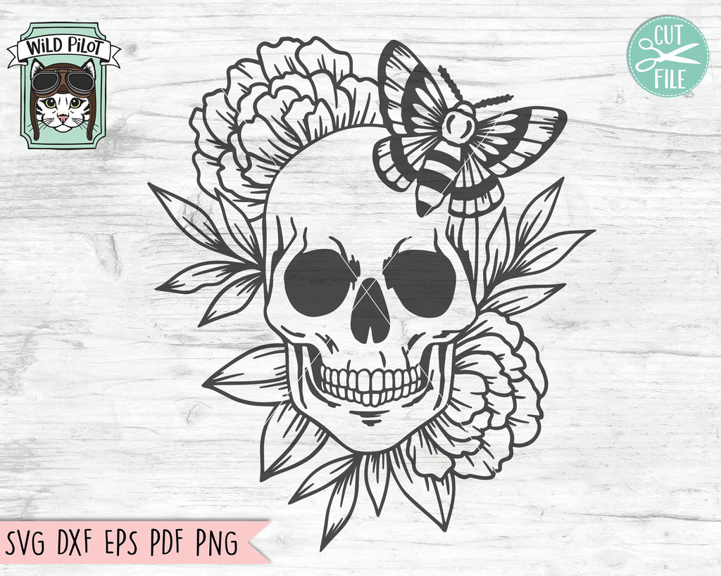 Floral Moth Skull svg file, Flower Skull svg, Skull cut file, Floral ...