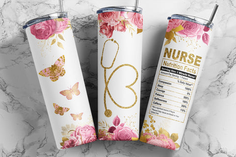Floral Nurse 20oz Skinny Tumbler Sublimation Designs, Nurse Tumbler Wrap Template, Gold Glitter Nurse Appreciation - PNG Digital Download Sublimation TumblersByPhill 