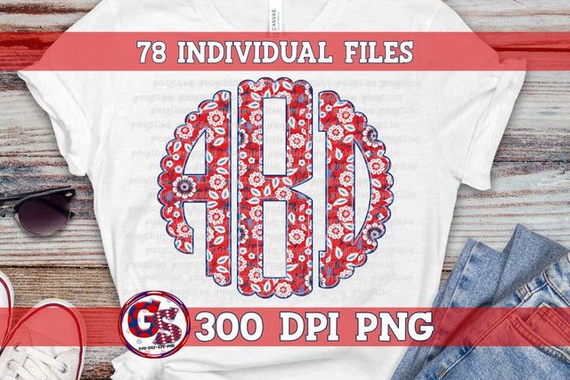 Floral Patriotic Scalloped Monogram Set PNG for Sublimation-July 4th Sublimation Greedy Stitches 