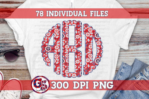 Floral Patriotic Scalloped Monogram Set PNG for Sublimation-July 4th Sublimation Greedy Stitches 