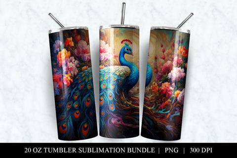Floral Peacock 20 oz Skinny Tumbler Sublimation Full Wrap Sublimation BijouBay 
