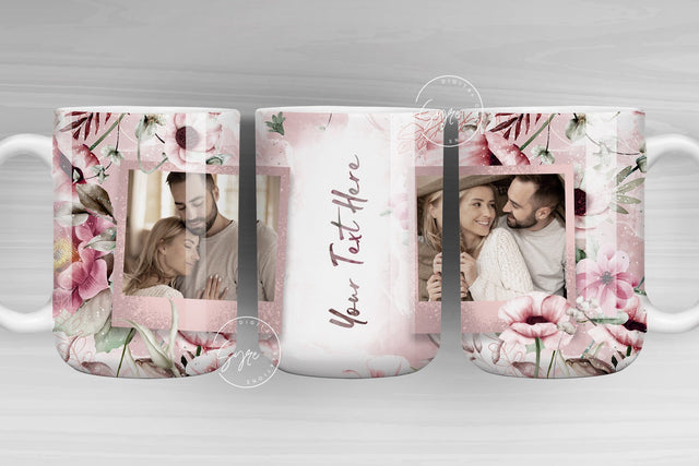 Floral Photo Mug, Add Your Name, Picture Frame Mug, Floral Mug PNG, Watercolor Flower Mug, 11 & 15 Oz Mug Sublimation Wrap, Digital File Sublimation Syre Digital Creations 