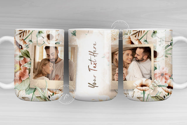 Floral Photo Mug, Add Your Name, Picture Frame Mug, Floral Mug PNG, Watercolor Flower Mug, 11 & 15 Oz Mug Sublimation Wrap, Digital File Sublimation Syre Digital Creations 