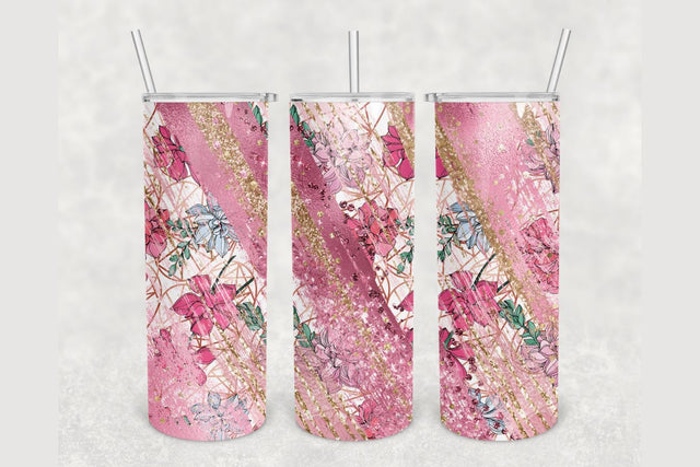 Floral Pink Gold Glitter Milky Way Tumbler sublimation design 20 oz skinny tumbler wrap Sublimation BambinaCreations 