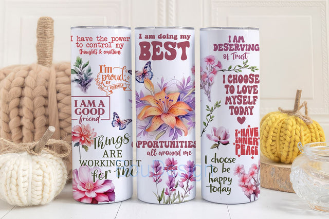 Floral Positive Affirmations 20 oz Skinny Tumbler Sublimation Design Digital Download PNG Instant, Inspirational Butterfly Sublimation BouDesign 