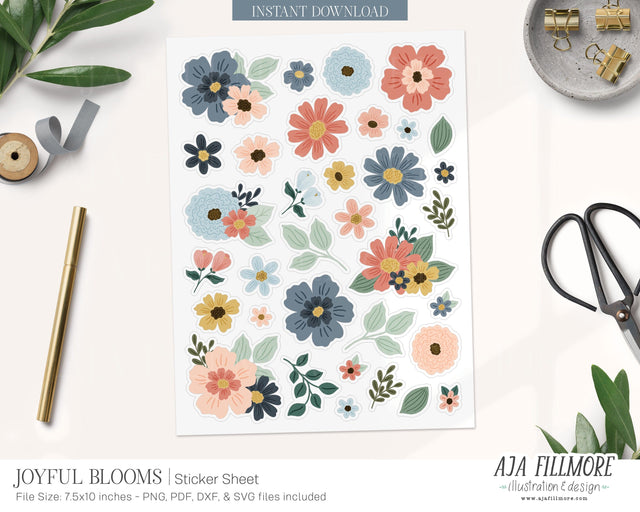 Floral Print and Cut Sticker Sheet SVG Aja Nicole Designs 