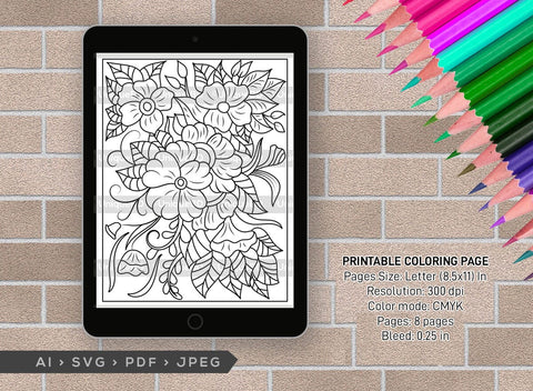 Floral Printable Coloring Page Bundle, PDF Colouring Book, Instant Download, CBP00024 SVG ETC Craft 