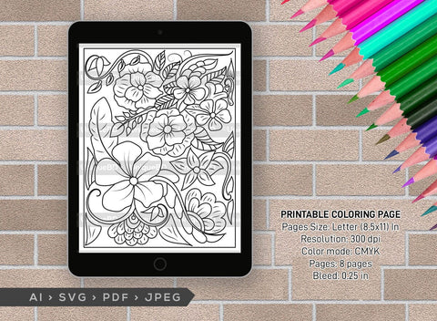 Floral Printable Coloring Page Bundle, PDF Colouring Book, Instant Download, CBP00024 SVG ETC Craft 