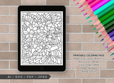 Floral Printable Coloring Page Bundle, PDF Colouring Book, Instant Download, CBP00024 SVG ETC Craft 